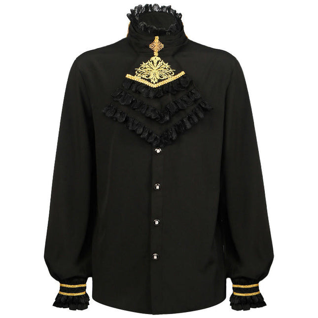 Gothic Ruffle Stand Collar Long Sleeve Men's Removable Crown Tie Shirt Pleated Cuff Shirt