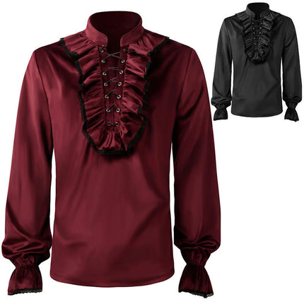 Mens Standing Collar Tied Shirt Medieval Costume Steampunk Victorian Fleece Top