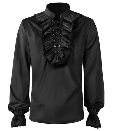 Mens Standing Collar Tied Shirt Medieval Costume Steampunk Victorian Fleece Top