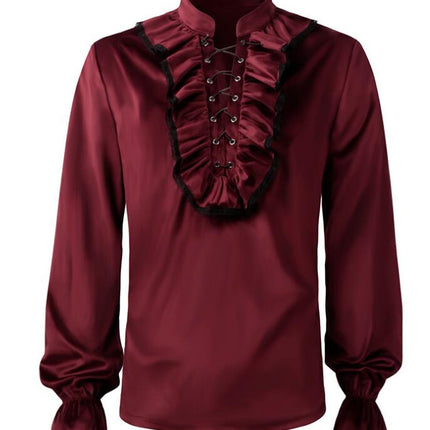 Mens Standing Collar Tied Shirt Medieval Costume Steampunk Victorian Fleece Top