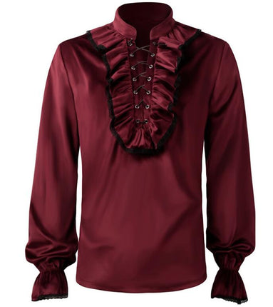 Mens Standing Collar Tied Shirt Medieval Costume Steampunk Victorian Fleece Top