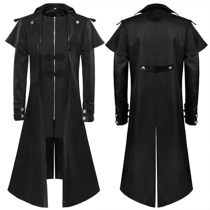 Mens Faux Leather Jacket Medieval Gothic Costume Steampunk Frock PU Coat