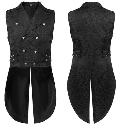 Mens Gothic Steampunk Double Breasted Jacquard Brocade Vest Waistcoat Sleeveless Tailcoat