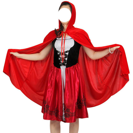 Women Little Red Riding Hood Costume Halloween Hood Cape Party Dressm