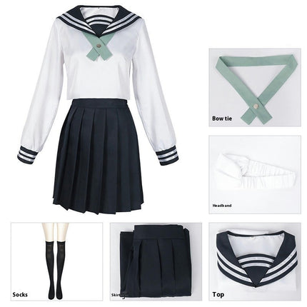 Japanese School Girls Uniform Sailor Navy Blue Pleated Skirt Anime Cosplay Costumes with Socks set