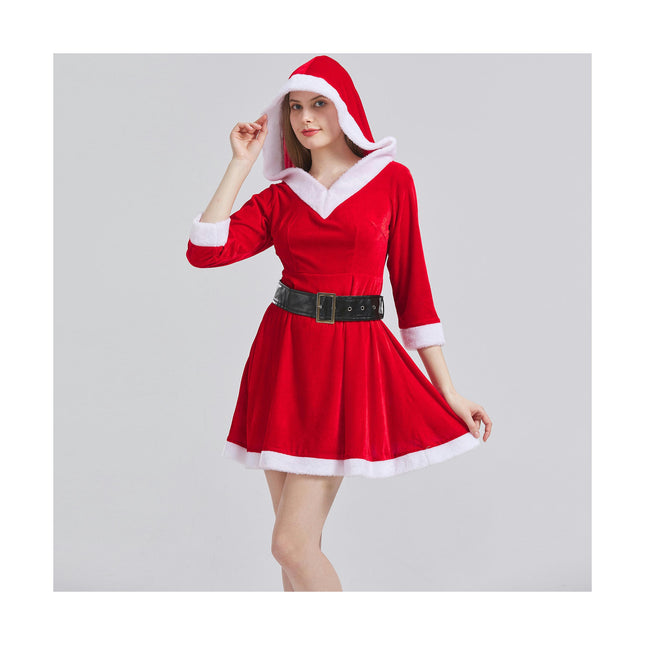 Women's 2 Pc Mrs Claus Santa Christmas Costume with Hooded Dress  Belt