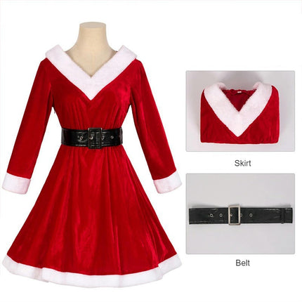 Women's 2 Pc Mrs Claus Santa Christmas Costume with Hooded Dress  Belt