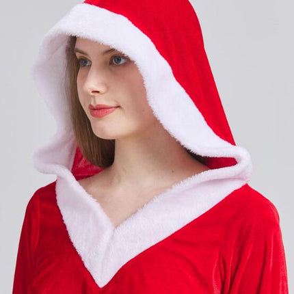 Women's 2 Pc Mrs Claus Santa Christmas Costume with Hooded Dress  Belt