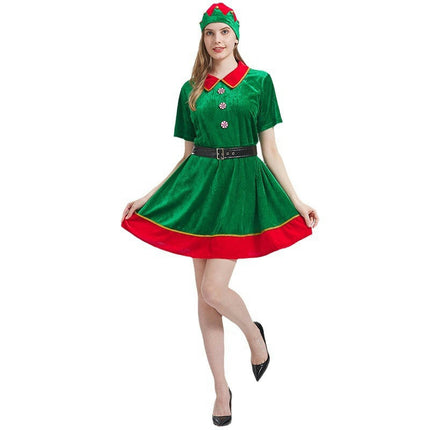 Womens Christmas Elf Holiday Costumes Dress and Hat sock for Women