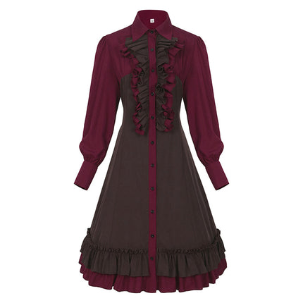 Women's Halloween Medieval Vintage Dress Lapel Button Ruffled Edge Hem Dress