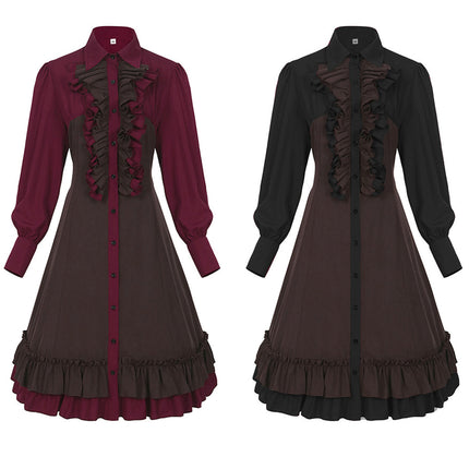 Women's Halloween Medieval Vintage Dress Lapel Button Ruffled Edge Hem Dress