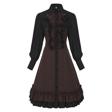 Women's Halloween Medieval Vintage Dress Lapel Button Ruffled Edge Hem Dress