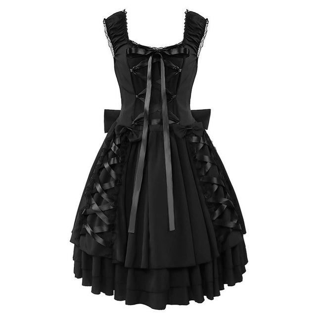 Women's Pleated Sleeveless Puffy Vest Dress Medieval Victorian Stage Lace Up Dresses