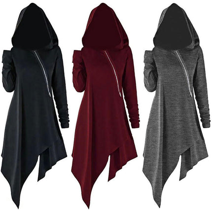 Women's Medieval Vintage Loose Irregular Hem Dress Zipper Hooded Dress