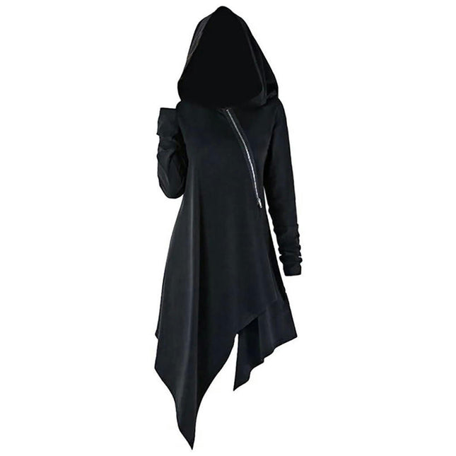 Women's Medieval Vintage Loose Irregular Hem Dress Zipper Hooded Dress