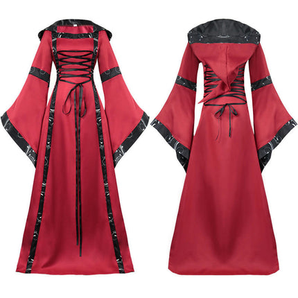 Women's Evening Medieval Hooded Swing Dress Printed Retro Literary Long Sleeve Tie Waist