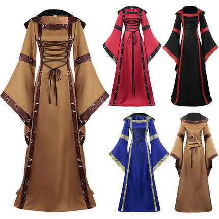 Women's Evening Medieval Hooded Swing Dress Printed Retro Literary Long Sleeve Tie Waist