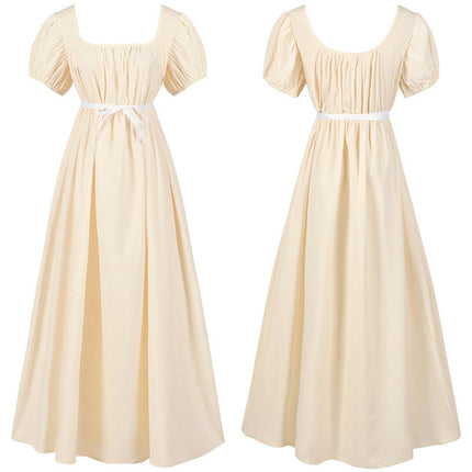 Regency Dresses for Women with Satin Sash Ruffled Puff Sleeve Empire Waist Dress Gown