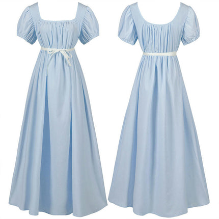 Regency Dresses for Women with Satin Sash Ruffled Puff Sleeve Empire Waist Dress Gown