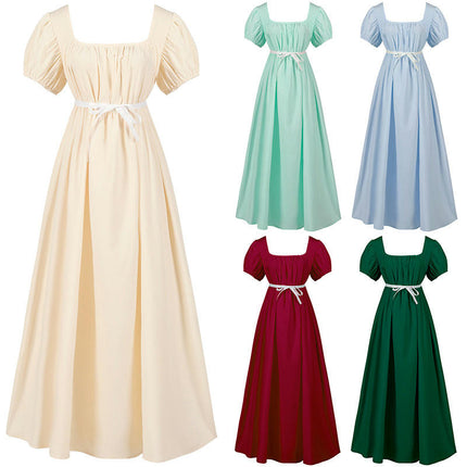 Regency Dresses for Women with Satin Sash Ruffled Puff Sleeve Empire Waist Dress Gown