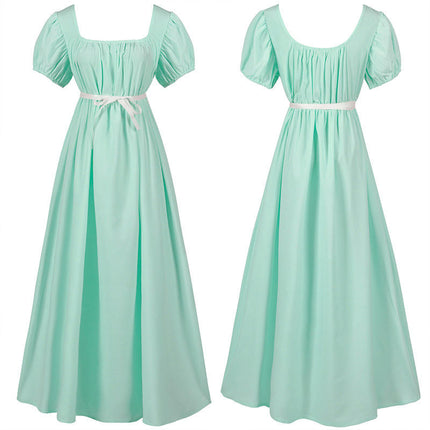 Regency Dresses for Women with Satin Sash Ruffled Puff Sleeve Empire Waist Dress Gown