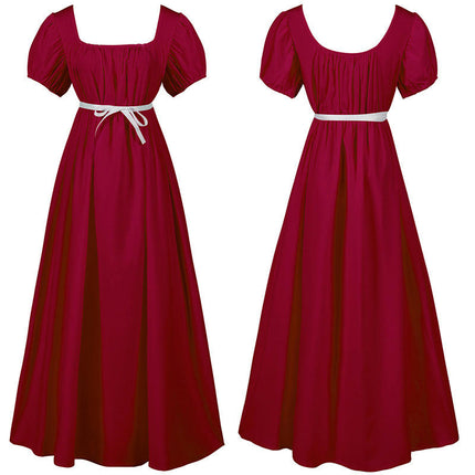 Regency Dresses for Women with Satin Sash Ruffled Puff Sleeve Empire Waist Dress Gown