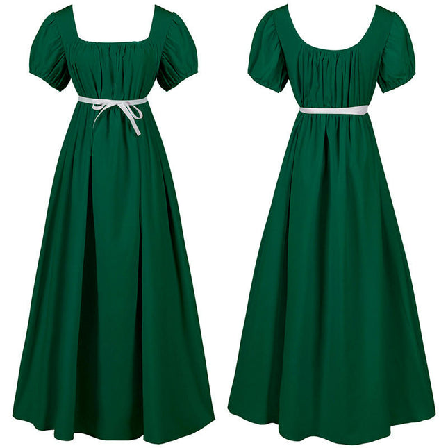 Regency Dresses for Women with Satin Sash Ruffled Puff Sleeve Empire Waist Dress Gown