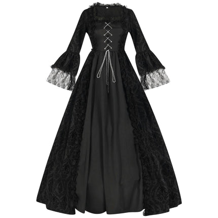 Renaissance Lace Black Dress Women's Medieval Costume Irish Long Dresses