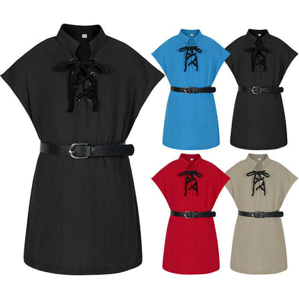 Boys Kids Renaissance Pirate T Shirt Viking Medieval Sleeveless Lace-up Costume Scottish Cotton Vest