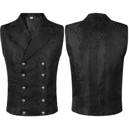 Mens Medieval Lapel Jacquard Double Breasted Vintage Vest Gothic Long Dress Vest Halloween Tuxedo Vest