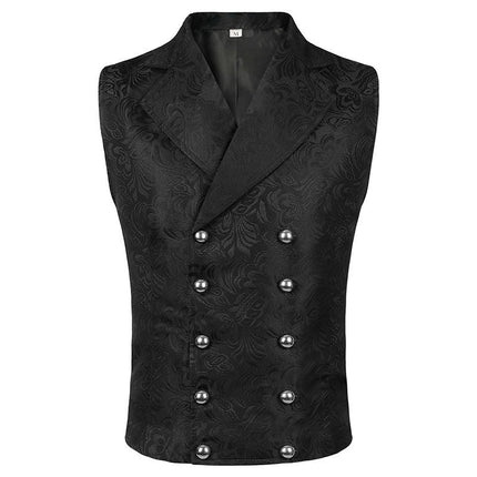 Mens Medieval Lapel Jacquard Double Breasted Vintage Vest Gothic Long Dress Vest Halloween Tuxedo Vest