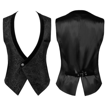 Mens Medieval V-Neck One Button Vintage Vest Gothic Long Dress Vest Halloween Tuxedo Vest