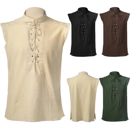 Mens Pirate Renaissance Steampunk Lace-Up Vest Medieval Gothic Celtic Sleeveless Shirt