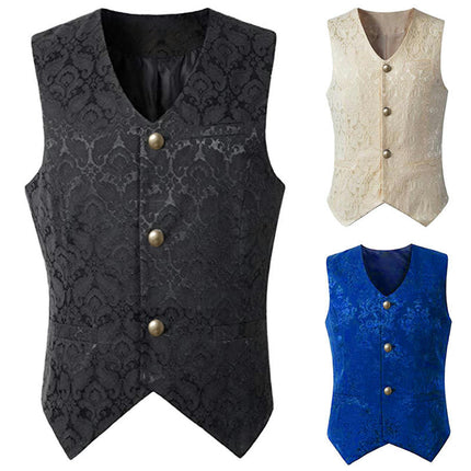 Mens Medieval Halloween Vintage Costume V-Neck Jacquard Button Short Vest