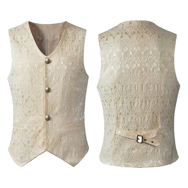 Mens Medieval Halloween Vintage Costume V-Neck Jacquard Button Short Vest