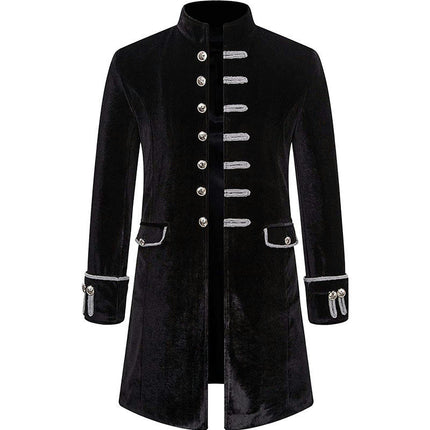 Mens Velvet Goth Steampunk Victorian Frock Coat Halloween Solid Color Standing Collar Coat