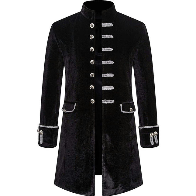 Mens Velvet Goth Steampunk Victorian Frock Coat Halloween Solid Color Standing Collar Coat