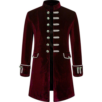 Mens Velvet Goth Steampunk Victorian Frock Coat Halloween Solid Color Standing Collar Coat