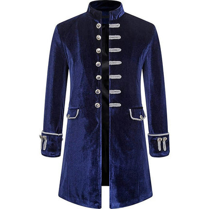 Mens Velvet Goth Steampunk Victorian Frock Coat Halloween Solid Color Standing Collar Coat