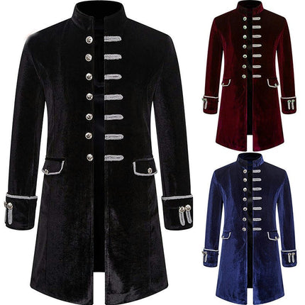 Mens Velvet Goth Steampunk Victorian Frock Coat Halloween Solid Color Standing Collar Coat