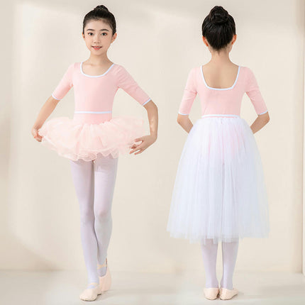 Children's Dance Costume Ballet Mid-Sleeve Tights with Removable Elastic Waist Skirt