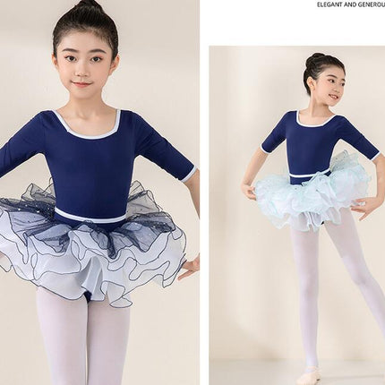 Children's Dance Costume Ballet Mid-Sleeve Tights with Removable Elastic Waist Skirt