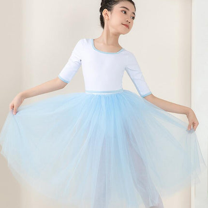 Children's Dance Costume Ballet Mid-Sleeve Tights with Removable Elastic Waist Skirt