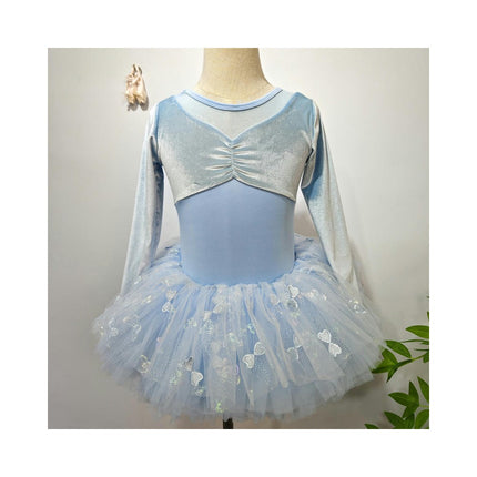 Girls Long Sleeve Leotard Dancewear with Mesh Pom Pom Skirt Set