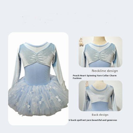 Girls Long Sleeve Leotard Dancewear with Mesh Pom Pom Skirt Set