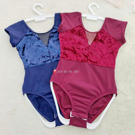 Leotards for Girls Ballet Gymnastics Short Sleeve Suede Patchwork Dance Costume