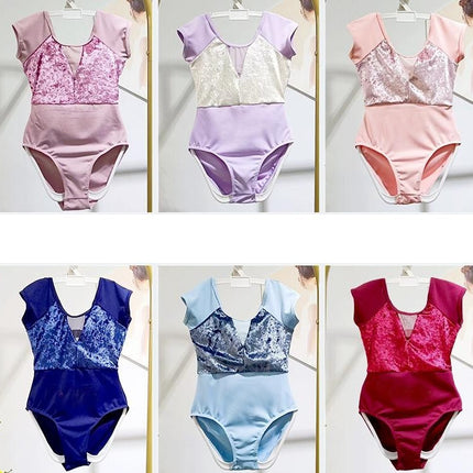 Leotards for Girls Ballet Gymnastics Short Sleeve Suede Patchwork Dance Costume