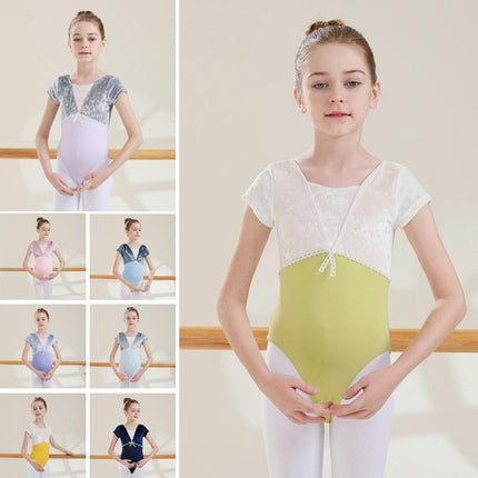 Girls Dance Clothes Short Sleeve Dance Clothes-Velvet Splicing Short Sleeve Ballet Clothes