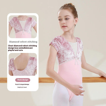 Girls Dance Clothes Short Sleeve Dance Clothes-Velvet Splicing Short Sleeve Ballet Clothes