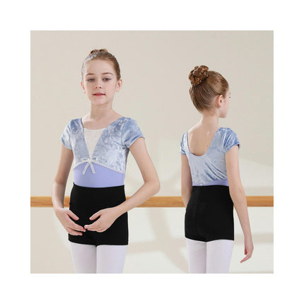 Girls Dance Clothes Short Sleeve Dance Clothes-Velvet Splicing Short Sleeve Ballet Clothes